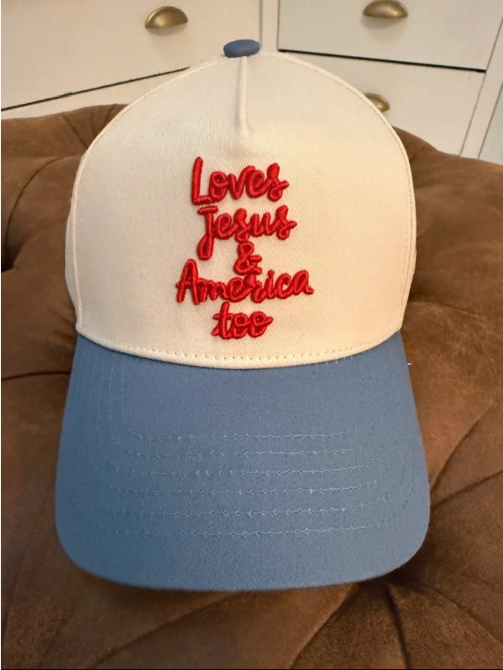 Women’s Loves Jesus & America Too Patriotic Baseball Cap Hat